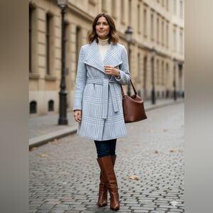 Calvin Klein Wool Blend Belted Wrap Coat, Blue White Houndstooth Size L (EUC)